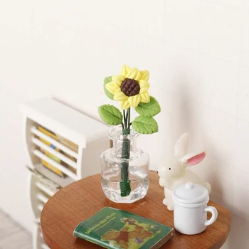 1:12 Domček Pre Bábiky Miniatúrne Slnečnice Váza Zelených Rastlín Črepníkové Rastliny Kvetináče Model Pre Bábika Dom Dekor Predstierať, Že Hrať Hračky