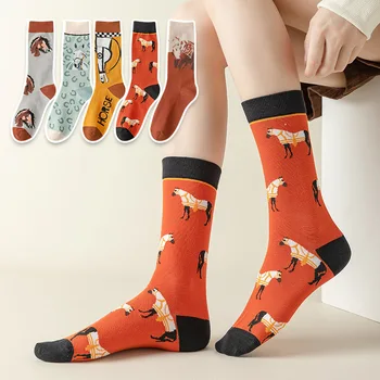 1 Pár Bavlna Módne Harajuku Vintage Ženy Zábavné Ponožky Cartoon Orange Kôň Krásne Mačky Lev Streetware Roztomilé Dievčatá Sox Jeseň