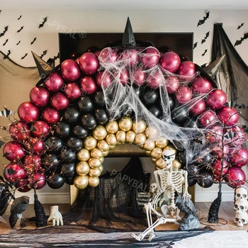 104pcs Halloween Tému DIY Balóny Nastaviť Arch Garland Kit Black Rose Červené Zlato Kovové Chrome Baloon Pozadie Darček Dekoroch Supplie