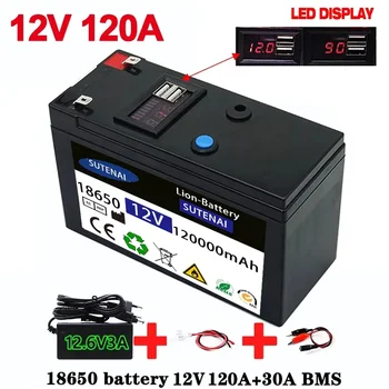 12V Batérie, 120Ah 18650 lítiové batérie Dobíjacie batérie pre slnečnej energie elektrický akumulátor vozidla,+12.6v3A nabíjačky