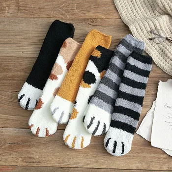 1pair Rez Cartoon Legrační Zviera Mačka Kitty Packa Ponožky Pre Ženy, Dievčatá, Mäkké Teplé Zimné Oblečenie Poschodí Ponožky Spacie Ponožky