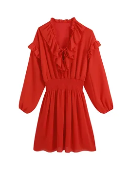 2022 Módne Ženy Oblečenie Lomené Čipky V Krku Elegantné Prehrabať Mini Šaty Smocked Elastický Pás Dlhý Rukáv Červené Šaty