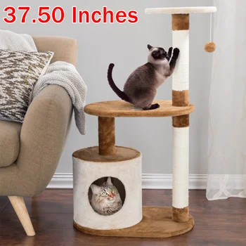 2023 3-Tier Cat Tower s 2 Napping Bidlá Mačka Byt 2 Sisalové Lano Poškriabaniu Pôšt a Závesné Hračky (Hnedá)