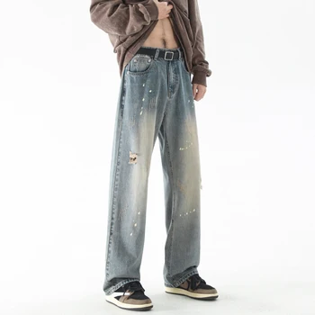 2023 High Street Americkom štýle retro rovno trubice voľné a opotrebované jeans pánske módne značky, prehodil žltá blato bežné dlho pa