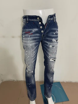 2023 jar a na jeseň nový štýl D2 džínsy mužov umývanie nosené otvory patch farba micro bullet výšivky rovno modré džínsy muž