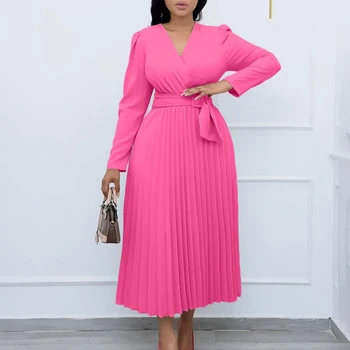 2023 Ženy Jeseň Zimné Šaty Dámske Ležérne Slim Office Retro Šaty Elegantné O-Krku Vysoký Pás Dlhý Rukáv Strany Skladaný Šaty