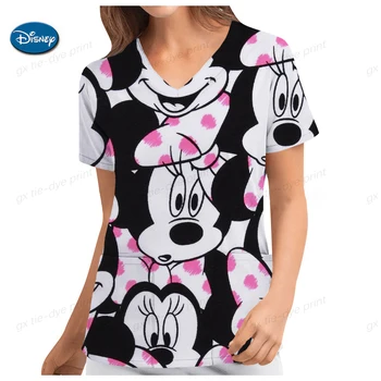 2023 Ženy T-shirt V Krku Top Disney Vrecku Košele Žena Oblečenie Nemocnice T-shirts Minnie Mouse Topy Mickey Sestra Jednotné Tees