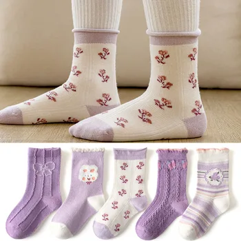 2024 Najnovšie Dievčatá Ponožky Jar Sladké Kvetinové Ponožky Baby Detská Batoľatá Bavlnené Ponožky Deti Ponožky 5 Párov/Taška Detí Posádky Ponožky