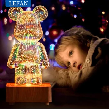 3D RGB Medveď Ohňostroje Sklo LED Lampa Farebné Atmosféru Nočné Svetlo Miestnosť, písací Stôl Dekorácie Projektor Romantická Spálňa Decor Darček