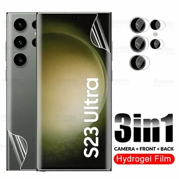3in1 Fotoaparát Sklo Hydrogel Fólia Pre Samsung Galaxy S23 Ultra Screen Protector Sumsung S 23 23S Plus S23Ultra 5G Predné Zadné Filmy