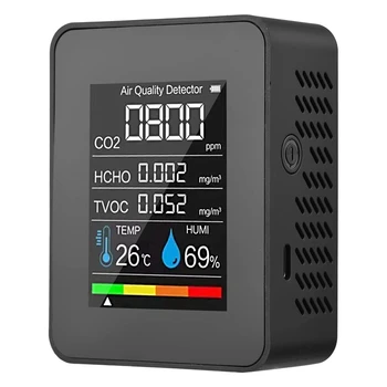 5 v 1 Kvalita Ovzdušia Monitor TVOC HCHO Teplota Vlhkosť CO2 Meter, USB Nabíjateľné CO2 Detektor Čierna