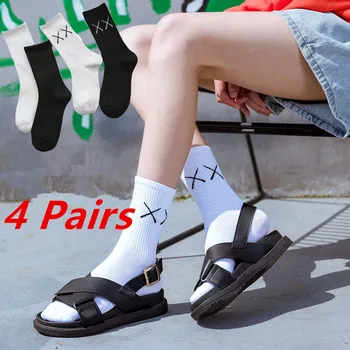 8pcs=4 Páry Unisex Mužov, Žien Ponožky kórejský Harajuku Vintage Streetwear Dlhé Biele Čierna Žena Bežné Hip Hop Skateboard Sox