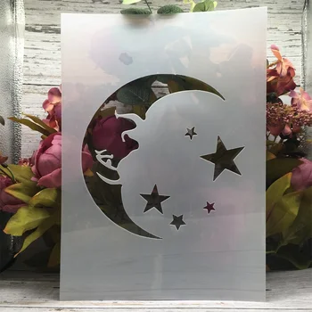 A4 29 cm Ospalý Mesiac a Shinning Hviezdy DIY Vrstvenie Blany Maľovanie Zápisník Sfarbenie Razba Album Dekoratívne Šablóny