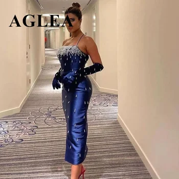 AGLEA 2023 Luxusný Dubaj Crystal Námornícka Modrá Midi Večerné Šaty 2023 Elegantné Špagety Popruhy Béžová Ženy, Svadobné Party Šaty SS315