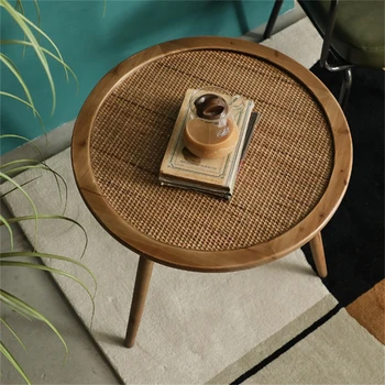 Americký Retro drevený Konferenčný Stolík pre Nábytok do Obývacej Izby Jednoduché Ratan Povrchu Gauč Strane Tabuľky Kolo Balkón kávy rohu