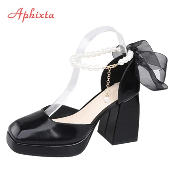 Aphixta 2023 Letnej Pohode Platformu Čerpadlá Ženy Podpätky Robustný Podpätky Sandále Luxusný Pearl Reťazca Pásy Lúk Plus Veľká Veľkosť 35-42