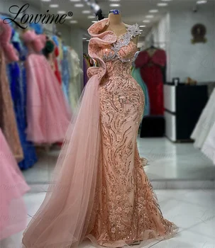 Arabský Dlhé Ružové Šaty Ples Flitrami Korálkové Kryštály Morskej Panny Formálne Žena Večerné Šaty Vestidos De Gala Svadobné Party Šaty