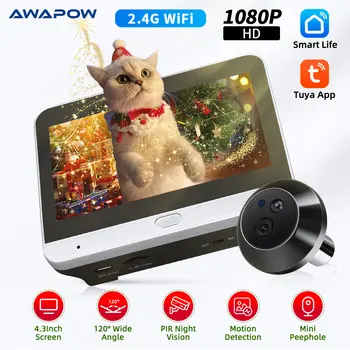 Awapow WiFi Zvonček Peephole Tuya Digitálne Dverové Optické Prístroje Fotoaparát Motion Detect Cat Eye Video Zvonček Alexa Google Oznámenie