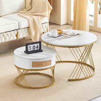 Biela dva-kávový stolík set s ratan zásuvky, zlato akcenty a mramoru-štýl PVC nálepky stola