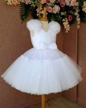Biela Jednoduché Kvetina Dievča Šaty Pre Svadobné tvaru Tylu Opuchnuté bez Rukávov S Lukom Narodeninovej Party Prvé sväté Prijímanie Deti plesové Šaty