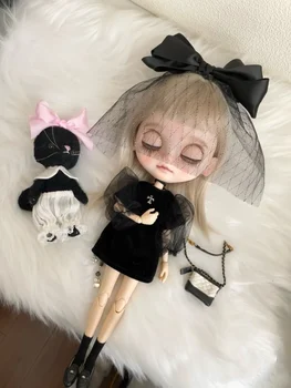 Blythe doll oblečenie vhodné pre 1/6 OB24 bábiku veľkosti new black bow pokrývku hlavy+čierna gázy rukáv sukne nové dva-dielna sada pre ženy