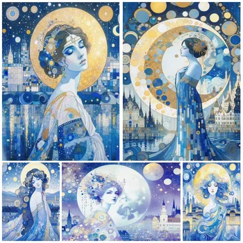 Bohyňa mesiaca, chrániť vaše sny DIY Diamond Maľovanie Modrá Žena, Krajina Plná Square/Round-Diamond Obrázok FF1923