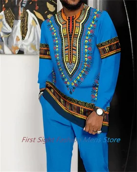 Dashiki Mužov Oblečenie Africkej Tradície 3D Vytlačené Tepláková súprava Dlhý Rukáv, Nohavice 2 Ks Nadrozmerná Bežné Vychádzkové Obleky pánske Oblečenie