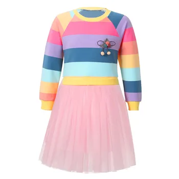 Dievča Rainbow Pruhované Šaty Dlhý Rukáv Jar Jeseň Roztomilý Princezná Strany Oka Tutu Šaty Baby Girl Šaty