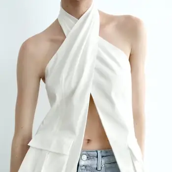 DYLQFS 2023 NOVÉ Letné Ženy Biela Zavesiť jeden krku Backless Tlačidlo Pletenie Vintage Sexy Sladké Streewear Top