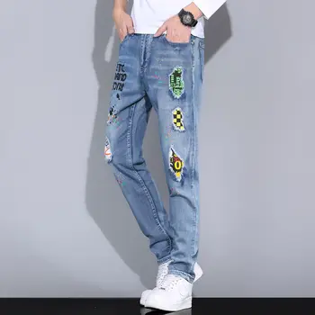 Džínsy mužov nový štýl roztrhlo módne nášivky trendy pánske výšivky módne značky, úsek príležitostné tlače osobnosti trend