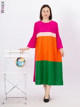 EGRM Miyake Farebný Blok Korálkové Skladaný Šaty O-Krku Svetlice Rukáv VOĽNÉ Temperament Šaty pre Ženy 2023 Jeseň Nové 6RM9912