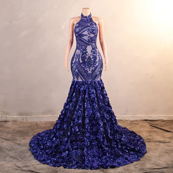 Elegantná Čipka Morská Víla Večerné Šaty Sequined Kráľovská Modrá S Uväzovaním Za Kvety Bez Rukávov Formálnej Strany Prom Šaty Vestido De Fiesta