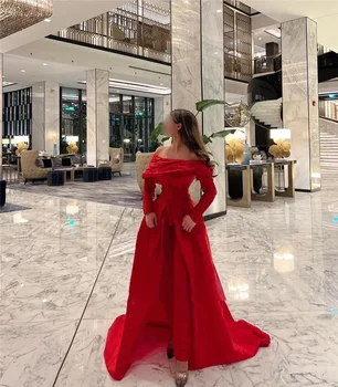 Elegantné Saudskej Arabskom Dámy červená off-the-ramenný Formálne Večerné šaty s Dlhým rukávom Celebrity šaty vestidos de noche فساتين السه