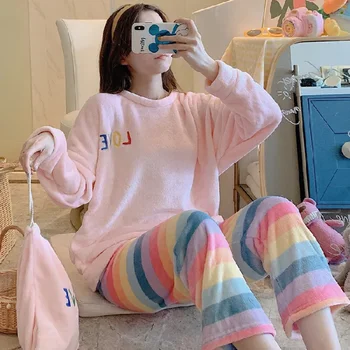Flanelové dámske Pyžamo Sady Bežné Jeseň Zima Sleepwear Velvet Pyžamo Dámske Pruhované Pijama Mujer 2 Kus Pjs Teplé oblečenie pre voľný čas