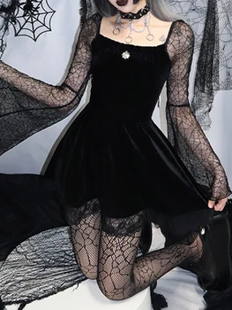 Gothic Lolita Čipky Výbava Mini Šaty pre Dievča Žien Akademickej obce Black Velvet Svetlice Rukáv A-line Šaty Y2K Harajuku Grunge Oblečenie