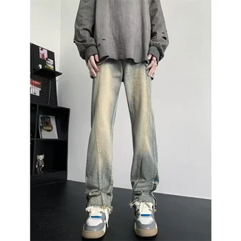 Haruku Jeans pánske Vintage Širokú Nohu Núdzi Blue Denim Nohavice jednofarebné Módne Mužské Nohavice Hip Hop Streetwear A115