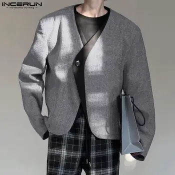 INCERUN Mužov Bundy Patchwork V Krku Dlhý Rukáv Bežné Coats Streetwear Jedno Tlačidlo Vrecká kórejský Móda Voľný čas Male Cardigan