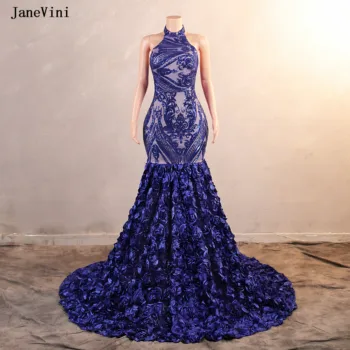 JaneVini 2024 Luxusné Sequined Kráľovská Modrá arabčina Morská víla Večerné Šaty pre Ženy, Ručné 3D Kvety Dubaj Formálnej Strany Plášte