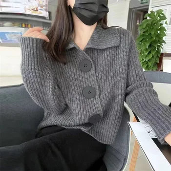 Jar, Jeseň Módny Pletený Sveter Ženy Kórejský Trend Farbou Klope Jednoradové Veľké Tlačidlá Topy, Svetre Kabát Ženy