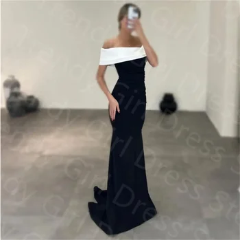 Jednoduché Čierne Večerné Šaty Ramena Satin Morská Víla Formálnej Strany Prom Šaty Celebrity Style Vestidos Svadobné Party Šaty