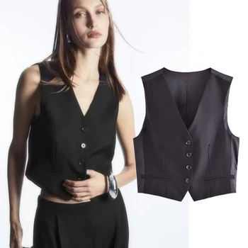 Jenny&Dave British Fashion Black Pre Ženy tvaru Singel svojim Patchwork Vesta Elegantný Krátky Top