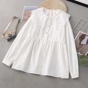 Jeseň 2024 oblečenie pre ženy mori dievča Japonskom štýle sladké čipky peter pan golier dlhý rukáv, biela pevná košele a blúzky