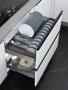 Košík kuchyne, skrine vstavanej zásuvky typu double-layer priestor hliníkový riad nástroje koša kuchynskej hrnce