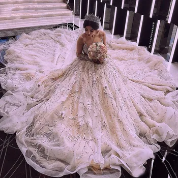 Krásne Ballgown Iskra Appliques Korálky Luxusné Svadobné Šaty Vestido De Noiva 2023 Ilúzie Dlhé Rukávy Svadobné Šaty