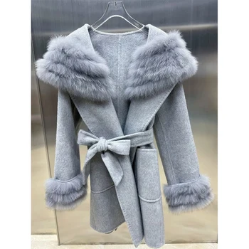 Krátke Vlny Bunda Ženy, Luxusné Real Prírodné Silver Fox Kožušiny Golier Dámske Oblečenie Teplá Najpredávanejšie Cashmere Kabát