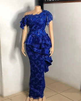 Kráľovská Modrá Morská víla Šaty Ples pre Ženy Volánikmi Čipky Korálkové Ramena Formálne Príležitosti Vestidos Para Mujer فستان 2023