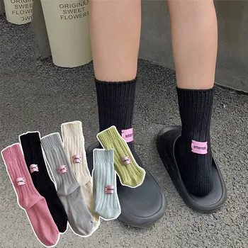 Kórejský Módne Hrubé Vlákno Pletené Uprostred Trubice Ponožky S Retro Ružová Štítok Farbou Športové Bežné Tacked Veľkoobchod Ponožky