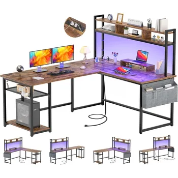 L Tvarované Stôl so elektrickej Zásuvky&LED Pásy,Reverzibilné v Tvare L Rohu Počítačové Stoly Herný Stôl s úložná Polička&Stojan Monitora