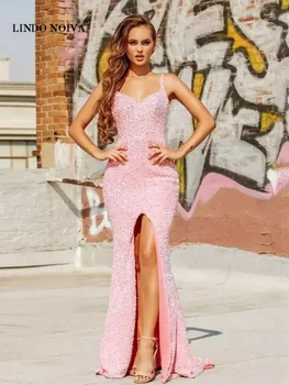 LINDO NOIVA Plus Veľkosť Elegantné Pink Slip Sequin Večerné Šaty V Krku Predné Split Čalúnená Morská víla Prom Lesk Luxusné Party Šaty