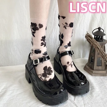 LISCN 2023 Nový Vintage Embroid Kvetinový Sklo Ponožky Ultratenké Uprostred Trubice Osadenie Pre Ženy, Dievčatá Y2k Harajuku Žakárové Sox